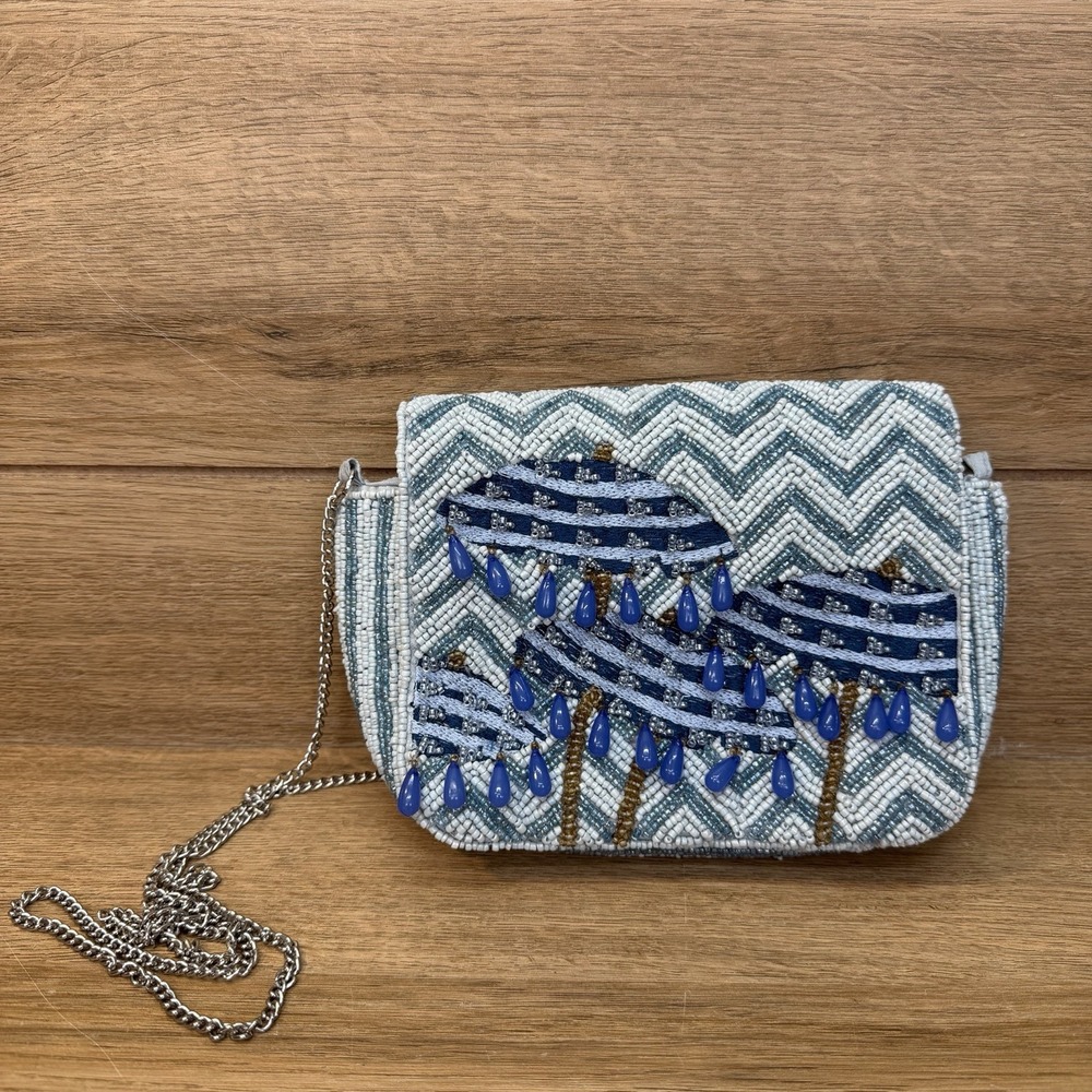 Viral Hand Beaded Beach Umbrella Shoulder Bag Chain Strap Blue Chevron Purse